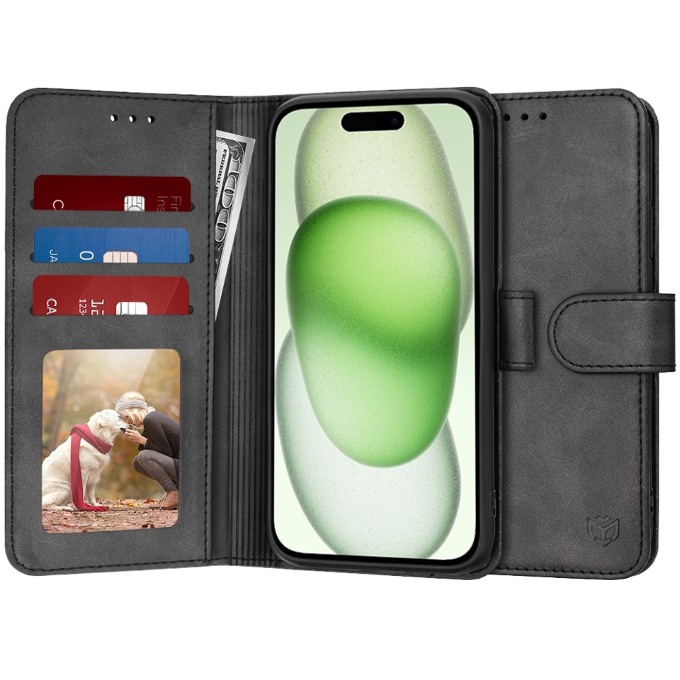 Husa pentru iPhone 15 Plus, SKYDDAR INNOVATION, Diary Book, tip carte, cu Portofel Interior, Antisoc, Negru, set cu sticker