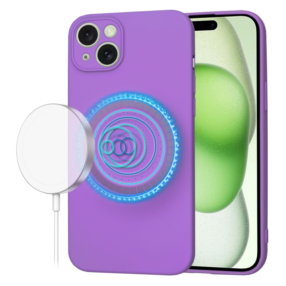 Husa pentru iPhone 15 Plus, SKYDDAR INNOVATION, din Silicon Catifelat, SoftFlex Magsafe, Mov, set cu sticker