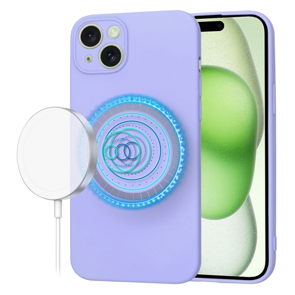 Husa pentru iPhone 15 Plus, SKYDDAR INNOVATION, din Silicon Catifelat, SoftFlex Magsafe, Violet, set cu sticker