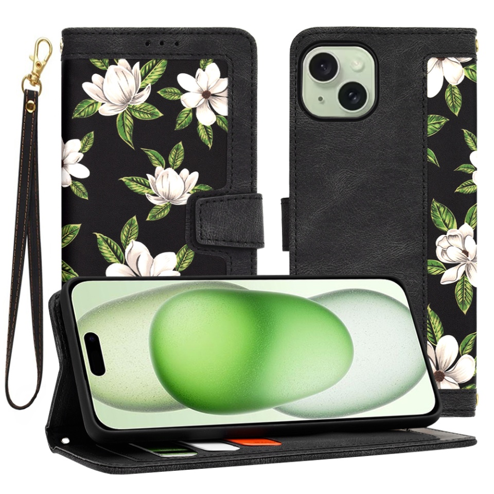 Husa pentru iPhone 15 Plus, SKYDDAR INNOVATION, Floral Wallet, din Piele Ecologică cu Design Floral, Protecție 360°, Stand Integrat, Buzunare pentru Carduri, Negru, set cu sticker