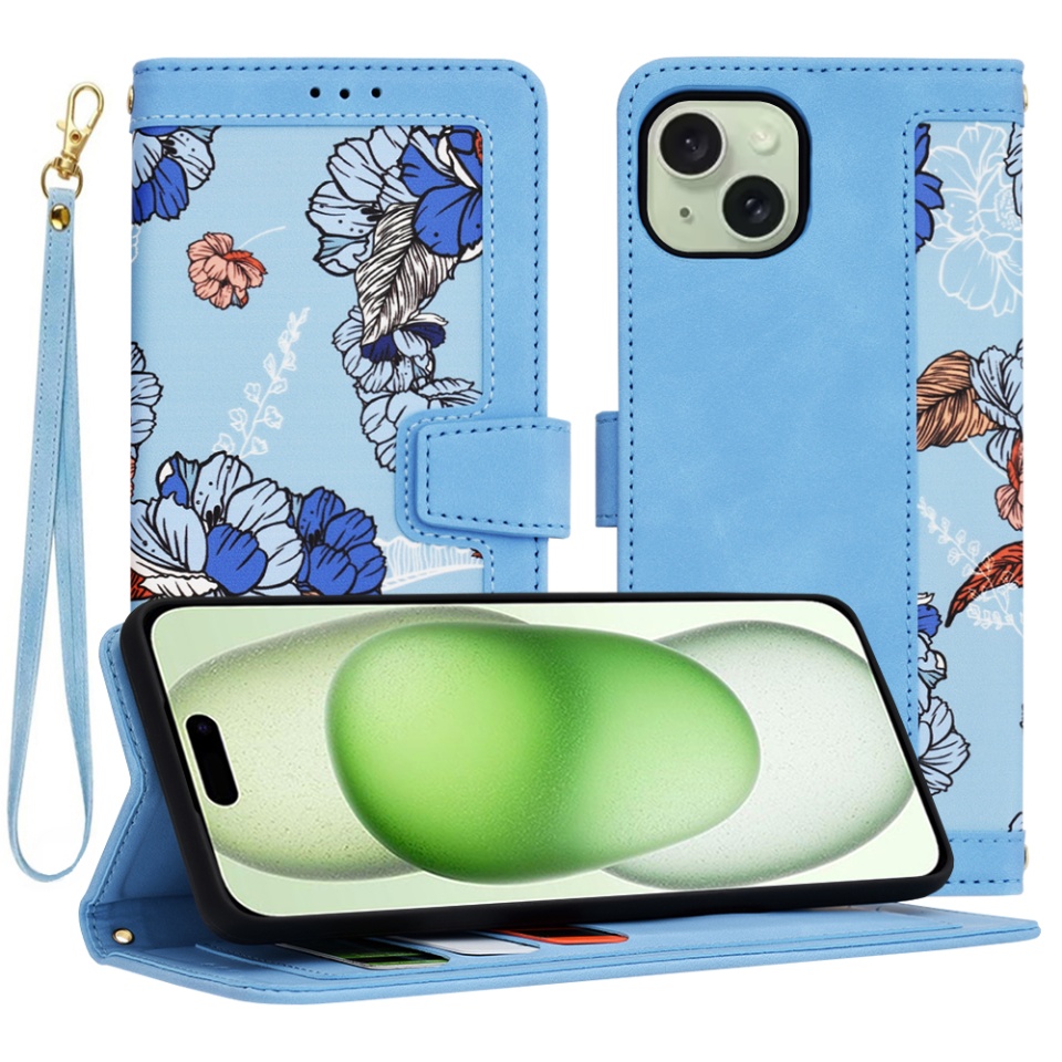 Husa pentru iPhone 15 Plus, SKYDDAR INNOVATION, Floral Wallet, din Piele Ecologică cu Design Floral, Protecție 360°, Stand Integrat, Buzunare pentru Carduri, Bleu, set cu sticker