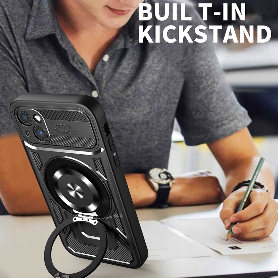 Husa pentru iPhone 15 Plus, SKYDDAR INNOVATION, RuggedCam, Inel magnetic antisoc, set cu sticker, Negru - 2 | YEO