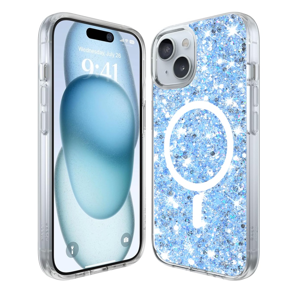 Husa pentru iPhone 15 Plus, SKYDDAR INNOVATION, SparkleCase, din Silicon cu Sclipici, Protectie Completa, Bleu, set cu sticker