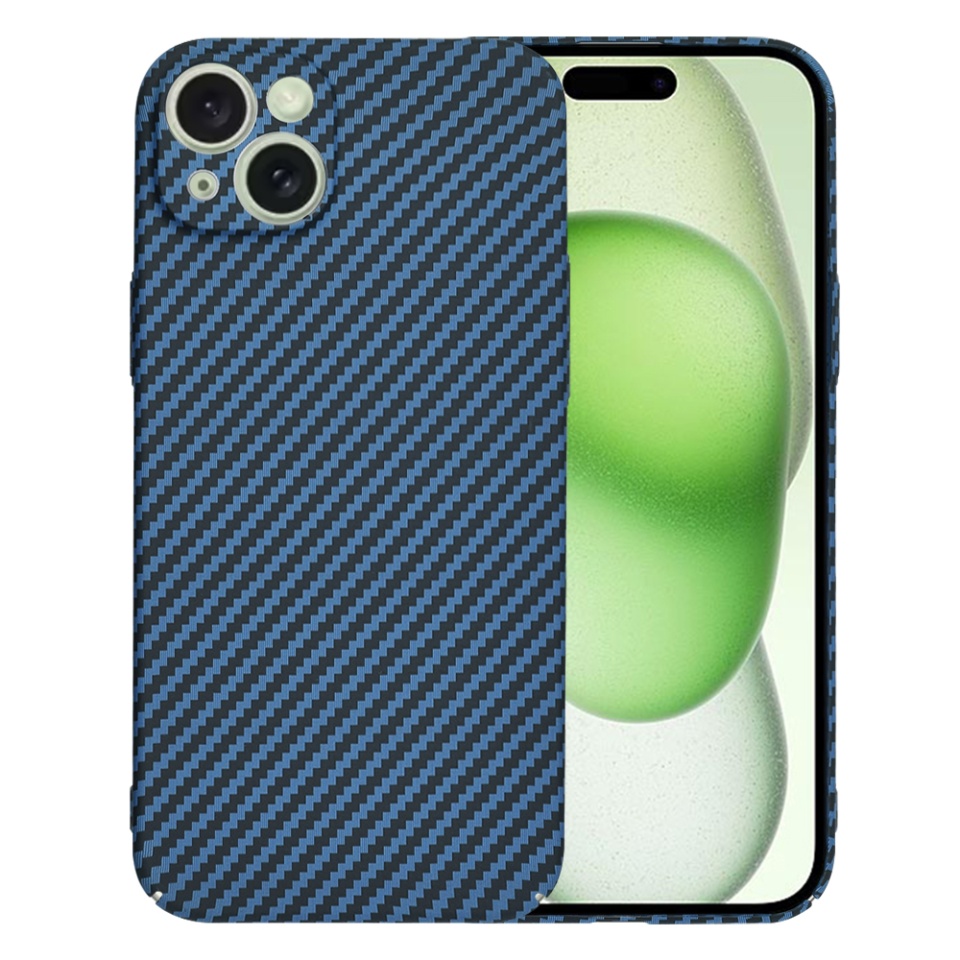 Husa pentru iPhone 15 Plus, SKYDDAR INNOVATION, textura carbon, Carbonite FiberShell, Cyan, set cu sticker