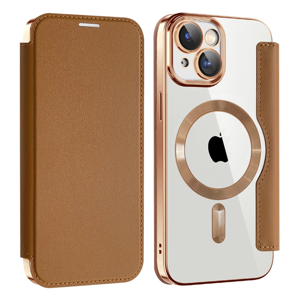 Husa pentru iPhone 15 Plus tip carte, SKYDDAR INOVATION, SmartMag Book, Magsafe, RFiD, Suport Carduri, set cu sticker, Maro - 1 | YEO