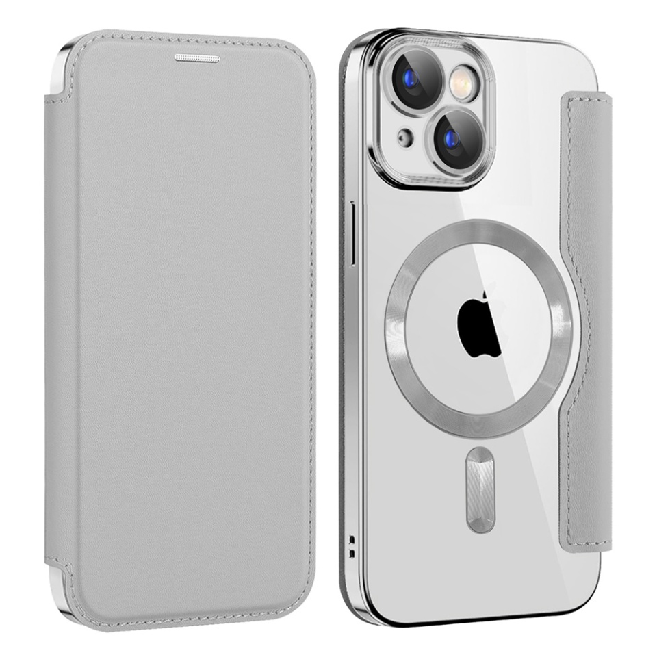 Husa pentru iPhone 15 Plus tip carte, SKYDDAR INOVATION, SmartMag Book, Magsafe, RFiD, Suport Carduri, set cu sticker, Gri - 1 | YEO