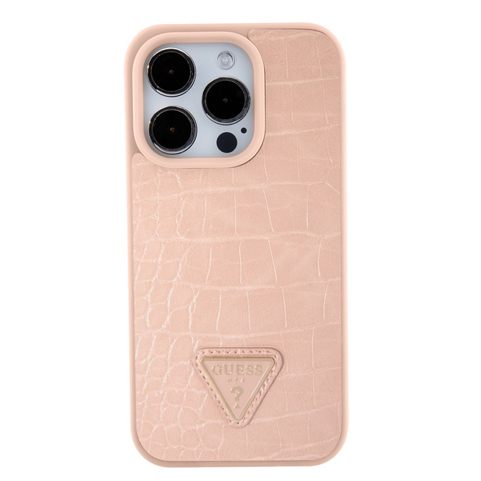 Husa pentru iPhone 15 Pro, Croco Triangle Metal Logo, Guess - Roz - 1 | YEO