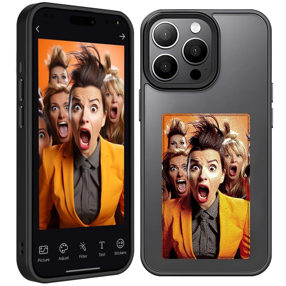 Husa pentru iPhone 15 Pro cu ecran NFC E-Ink, Silicon, SKDR SmartCover - Negru