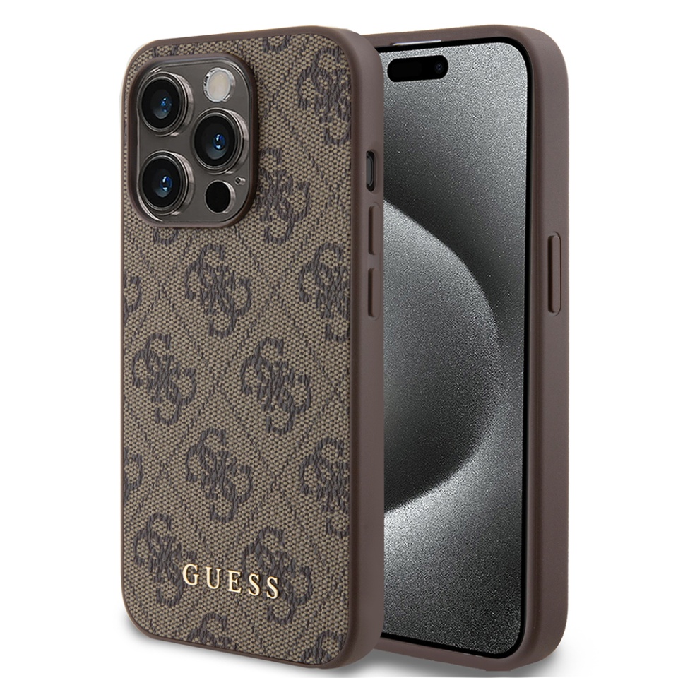 Husa pentru iPhone 15 Pro, Guess, Hardcase 4G Metal Gold Logo, Maro