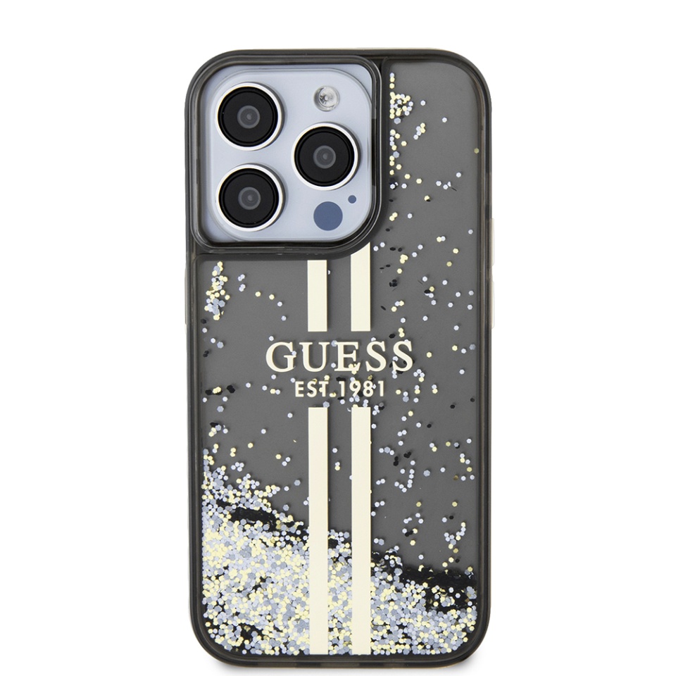 Husa pentru iPhone 15 Pro Max, Liquid Glitter Gold Stripes, Guess - Negru - 1 | YEO
