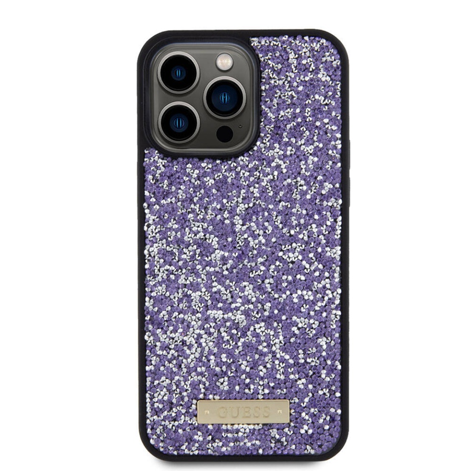 Husa pentru iPhone 15 Pro Max, Rhinestone Metal Logo, Guess, Mov - 1 | YEO