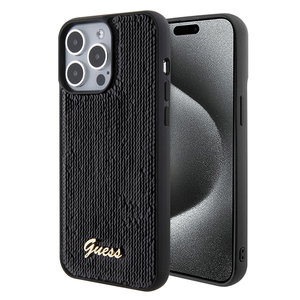 Husa pentru iPhone 15 Pro Max, Sequin Script Metal, Guess - Negru
