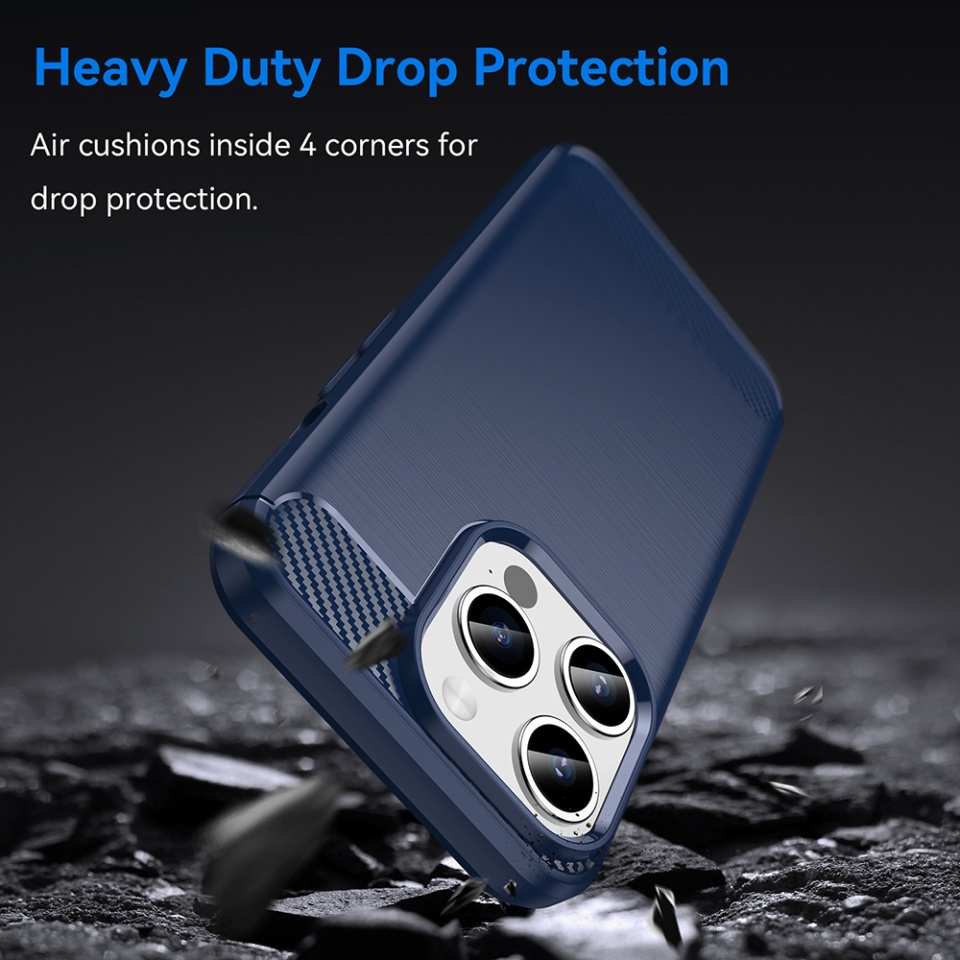 Husa pentru iPhone 15 Pro Max, SKYDDAR INNOVATION, Carbon Silicone, din Silicon Premium, Slim, cu textura Fibra Carbon, Albastru, set cu sticker - 2 | YEO