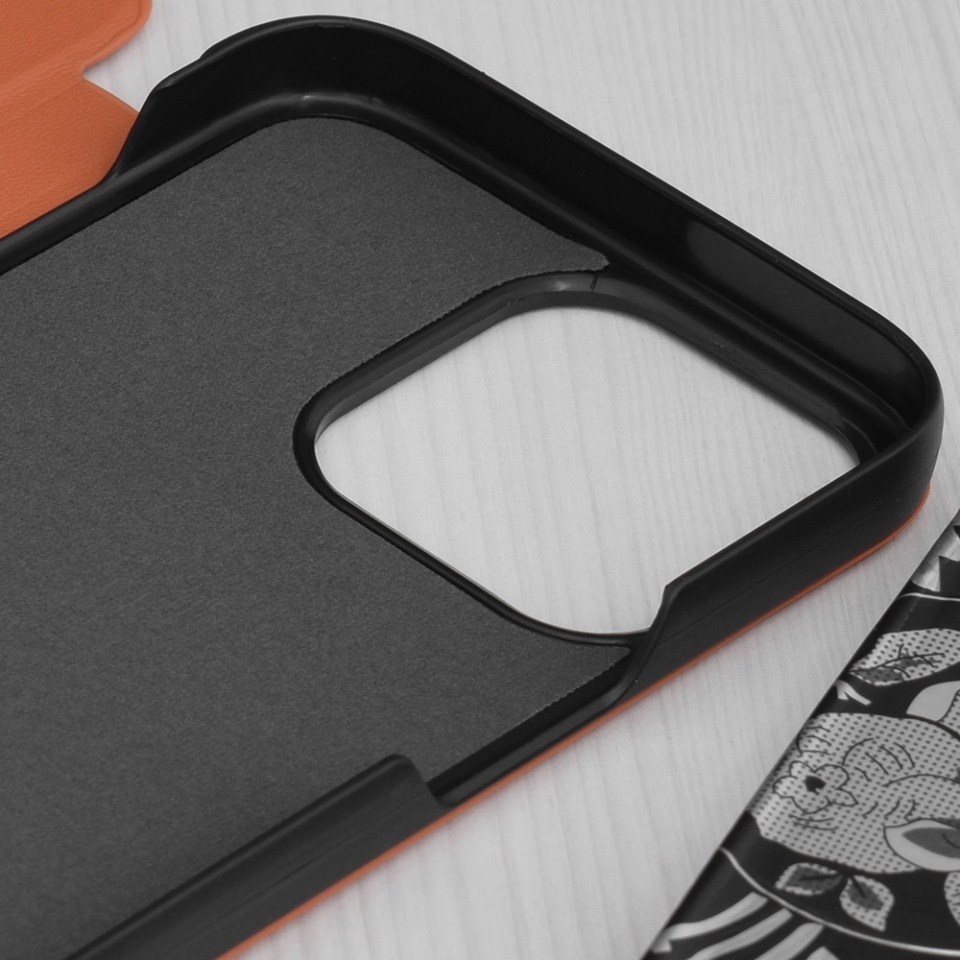 Husa pentru iPhone 15 Pro Max, SKYDDAR INNOVATION, eFold, tip carte, Portocaliu, set cu sticker - 2 | YEO