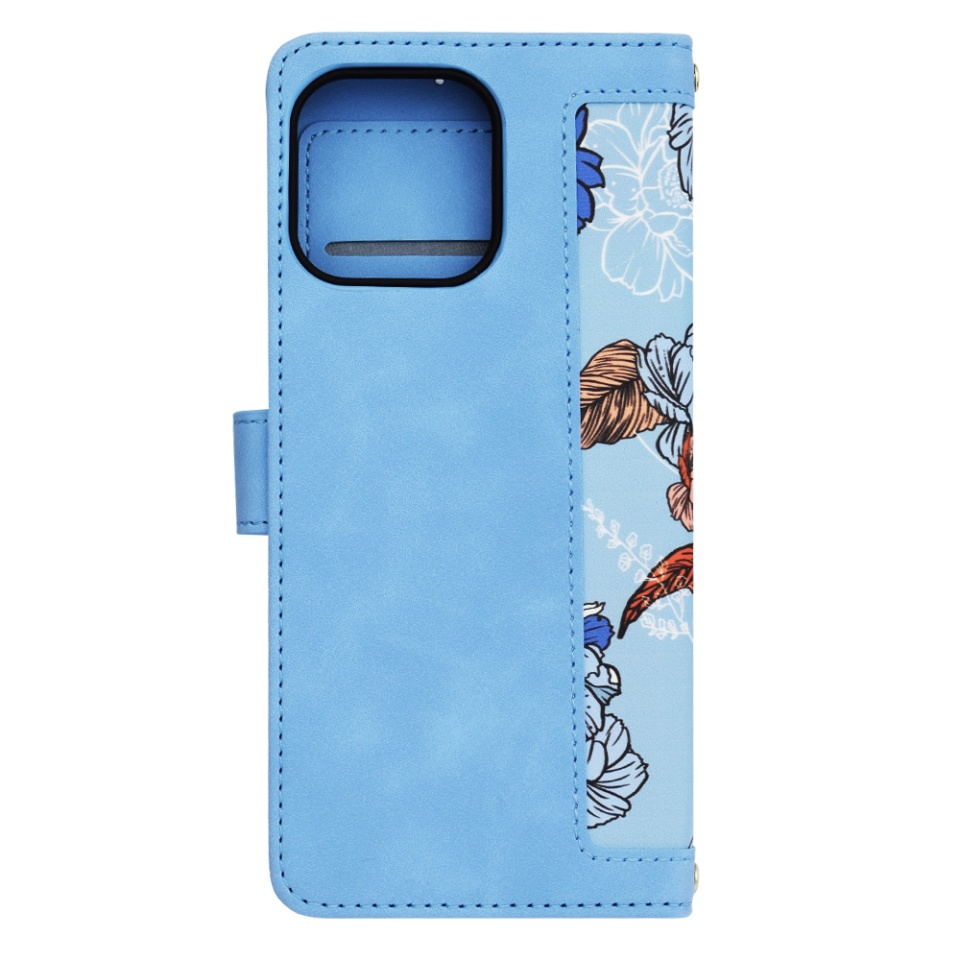 Husa pentru iPhone 15 Pro Max, SKYDDAR INNOVATION, Floral Wallet, din Piele Ecologică cu Design Floral, Protecție 360°, Stand Integrat, Buzunare pentru Carduri, Bleu, set cu sticker - 2 | YEO