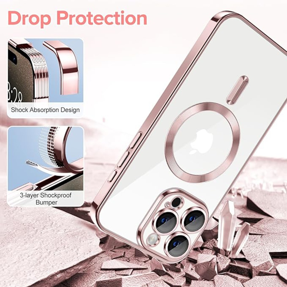 Husa pentru iPhone 15 Pro Max, SKYDDAR INNOVATION, Luxury Shield Magsafe, Protectie Antisoc, Roz, set cu sticker - 2 | YEO