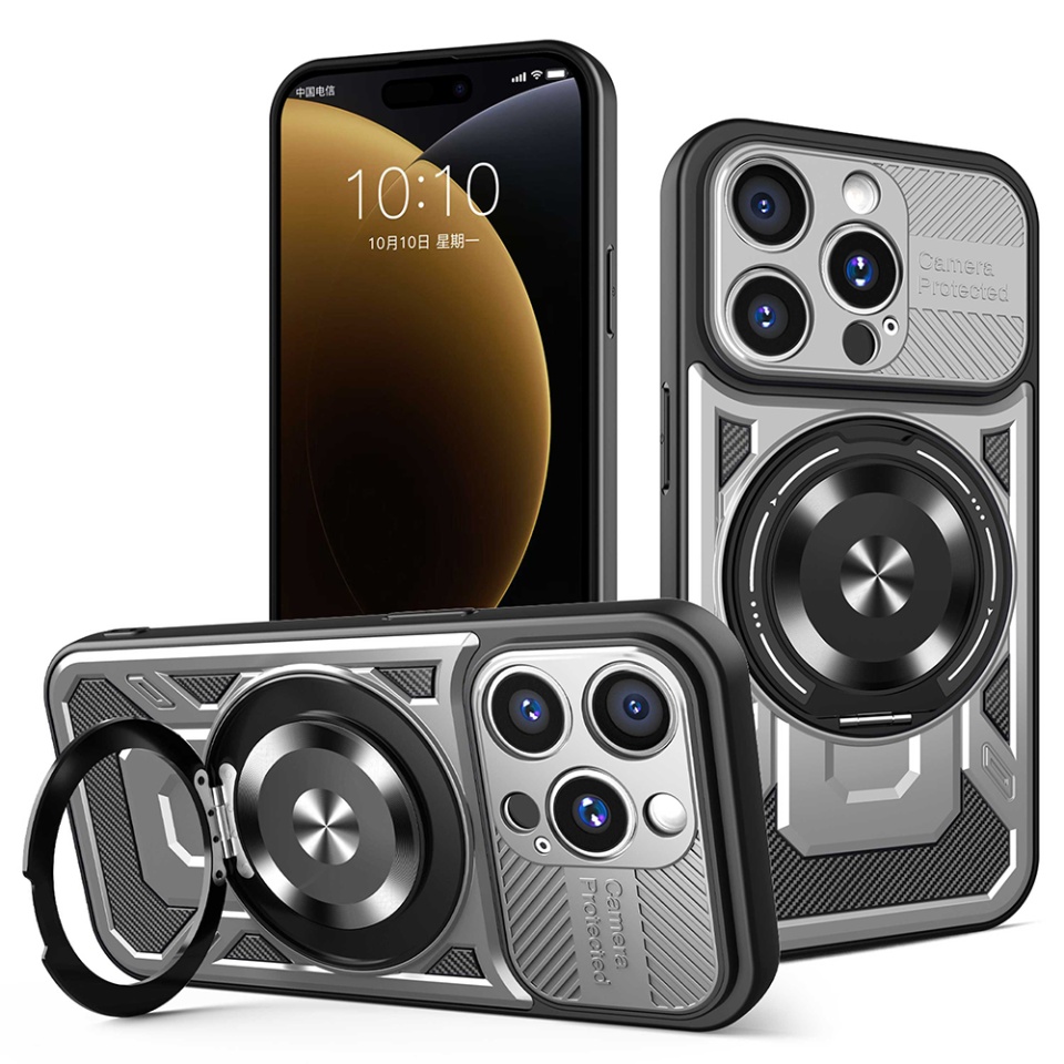 Husa pentru iPhone 15 Pro Max, SKYDDAR INNOVATION, RuggedCam, Inel magnetic antisoc, set cu sticker, Gri