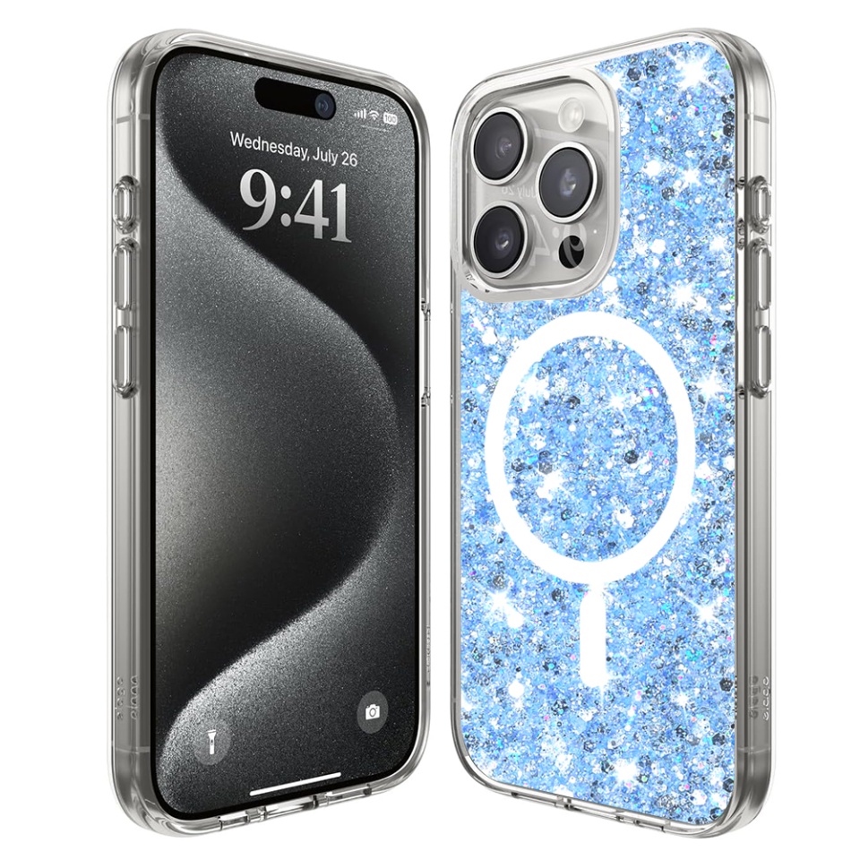 Husa pentru iPhone 15 Pro Max, SKYDDAR INNOVATION, SparkleCase, din Silicon cu Sclipici, Protectie Completa, Bleu, set cu sticker