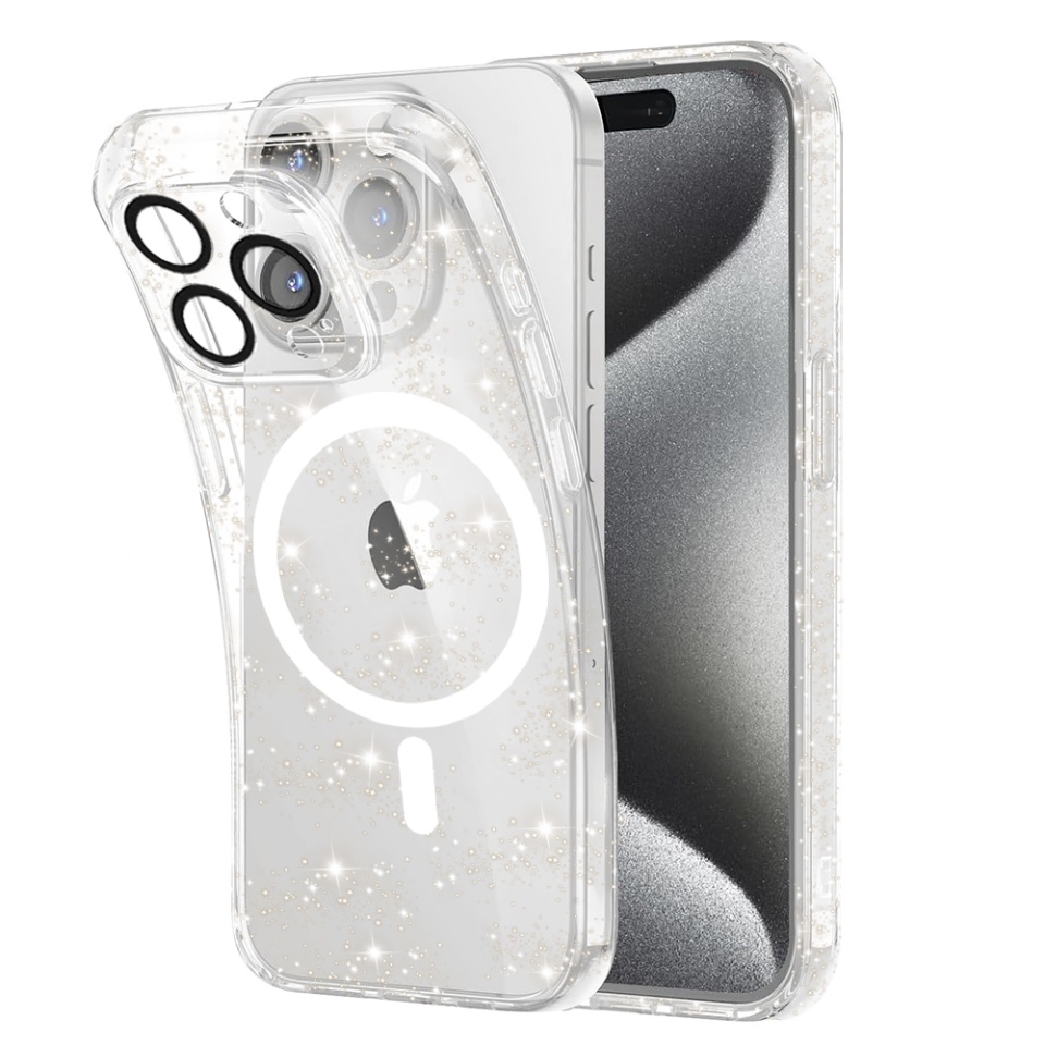 Husa pentru iPhone 15 Pro Max, SKYDDAR INNOVATION, SparkleSkin Magsafe, din Silicon TPU cu Sclipici, Design Elegant si Ultra Subtire, Transparenta, set cu sticker