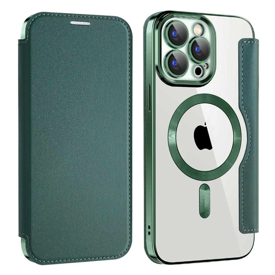 Husa pentru iPhone 15 Pro Max tip carte, SKYDDAR INOVATION, SmartMag Book, Magsafe, RFiD, Suport Carduri, set cu sticker, Verde - 1 | YEO
