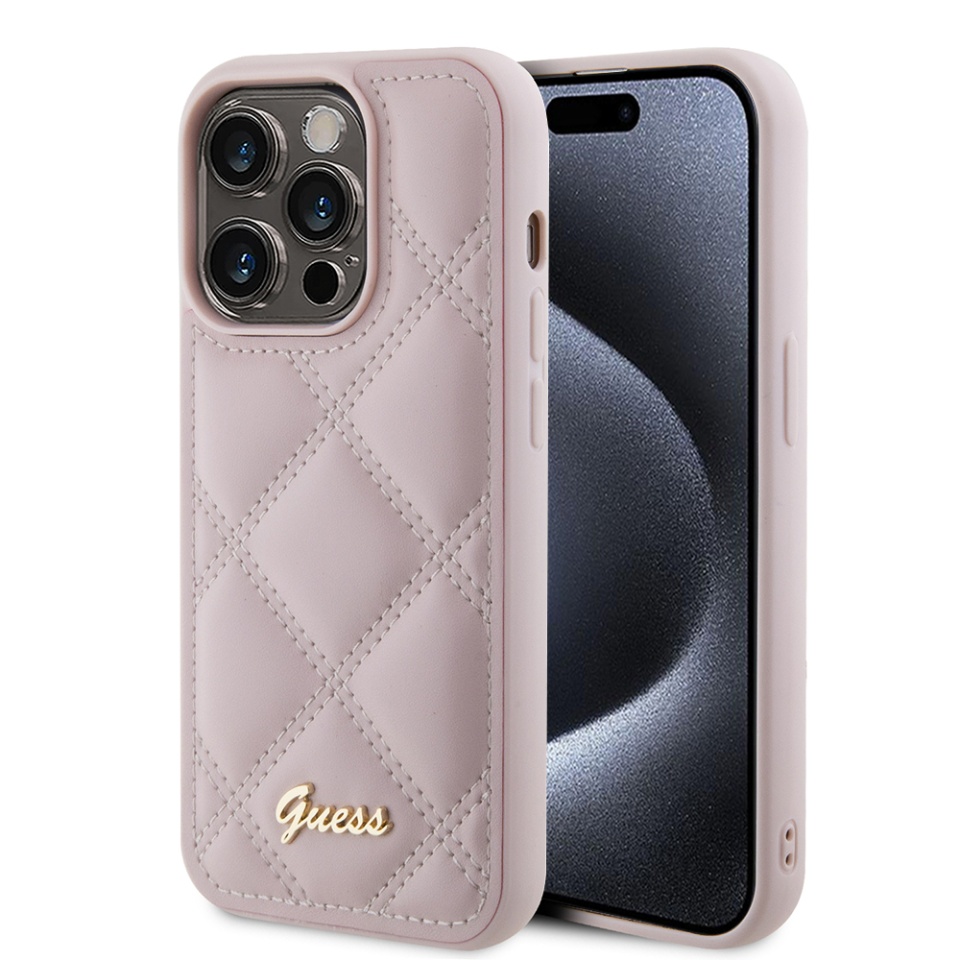 Husa pentru iPhone 15 Pro Quilted Metal Logo, Guess - Roz