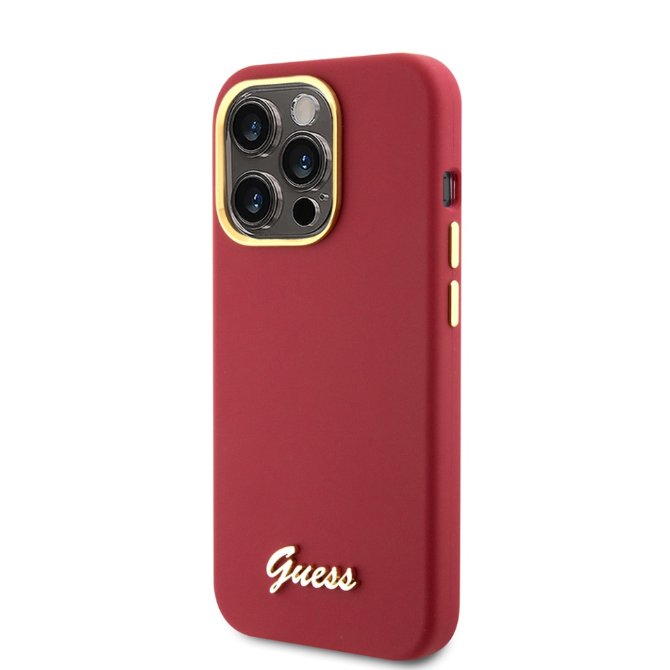 Husa pentru iPhone 15 Pro Silicone Script Metal Logo & Frame, Guess - Rosu - 3 | YEO