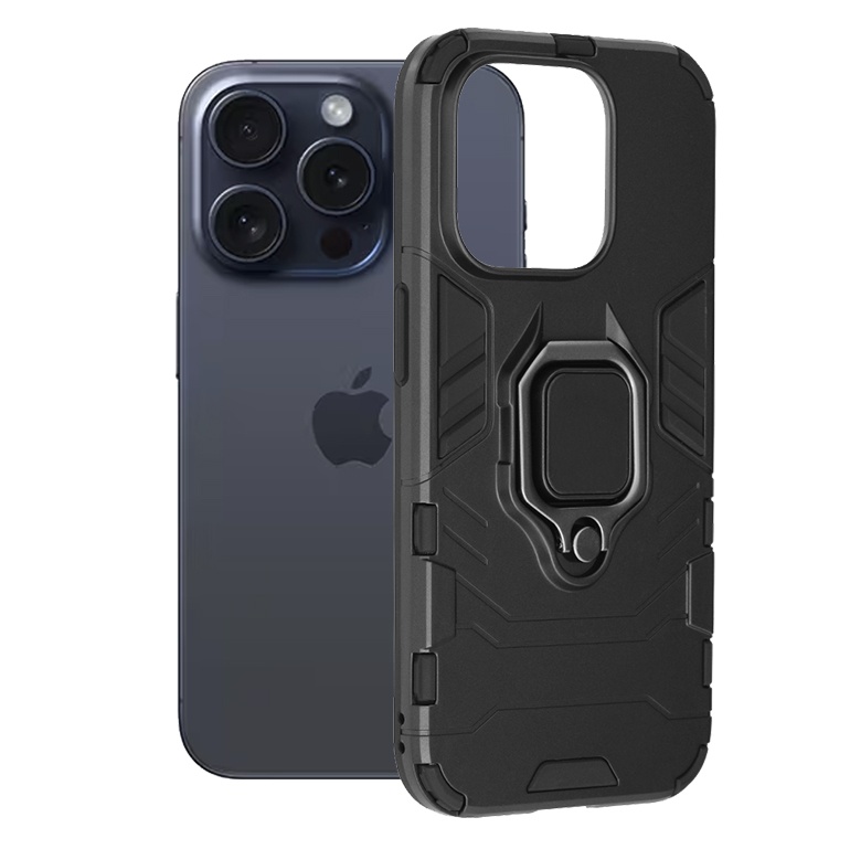 Husa pentru iPhone 15 Pro, SKYDDAR INNOVATION, cu Inel Magnetic, Antisoc, Forged, Negru, set cu sticker