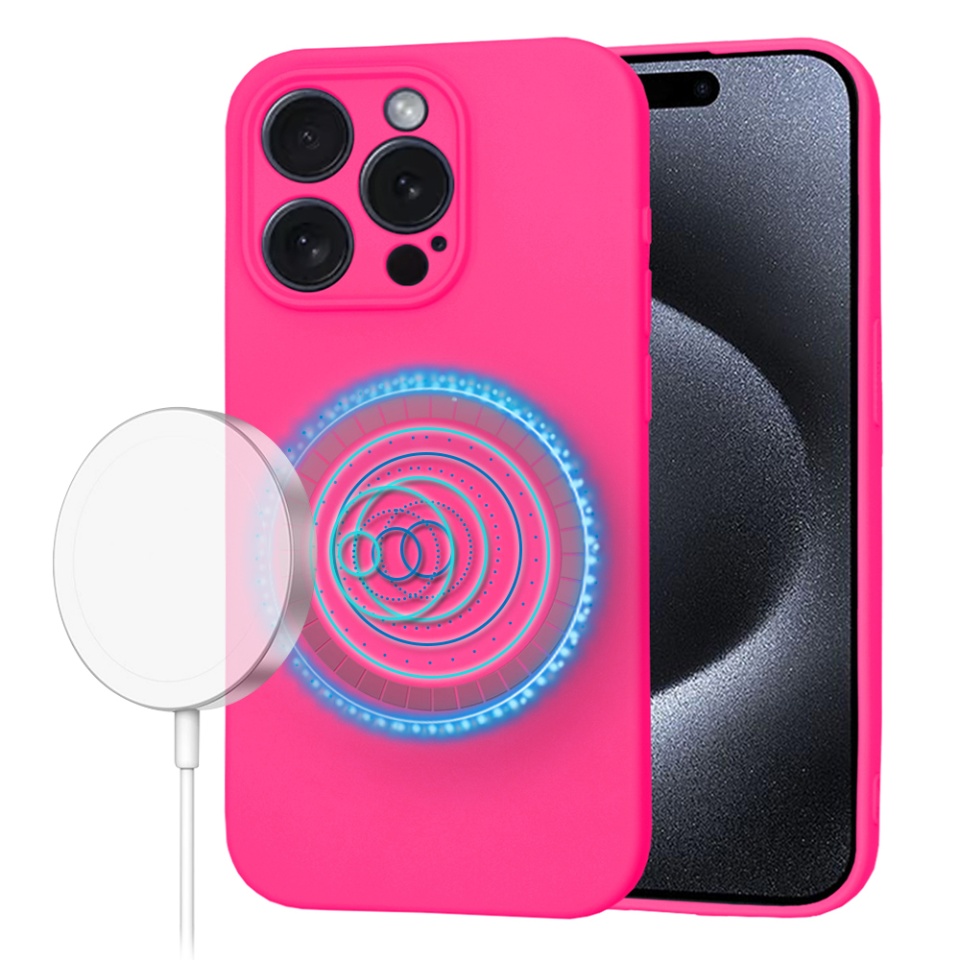 Husa pentru iPhone 15 Pro, SKYDDAR INNOVATION, din Silicon Catifelat, SoftFlex Magsafe, Fucsia, set cu sticker