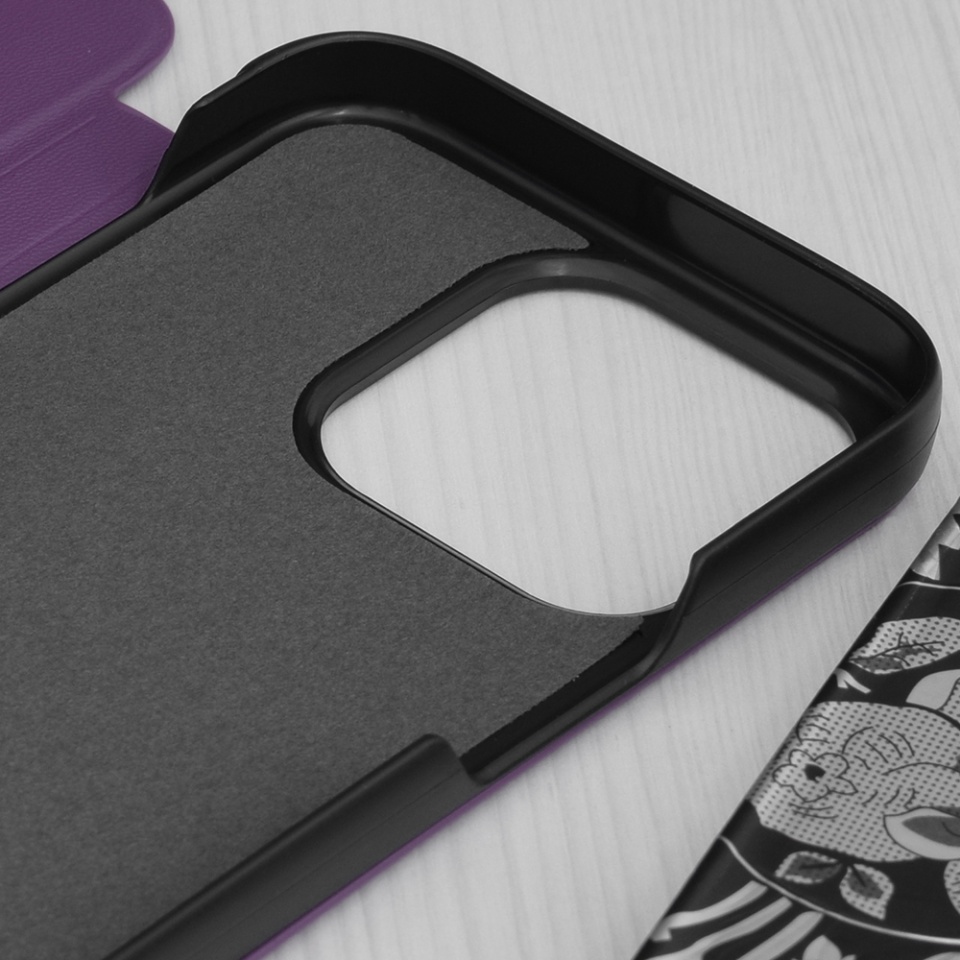 Husa pentru iPhone 15 Pro, SKYDDAR INNOVATION, eFold, tip carte, Mov, set cu sticker - 2 | YEO