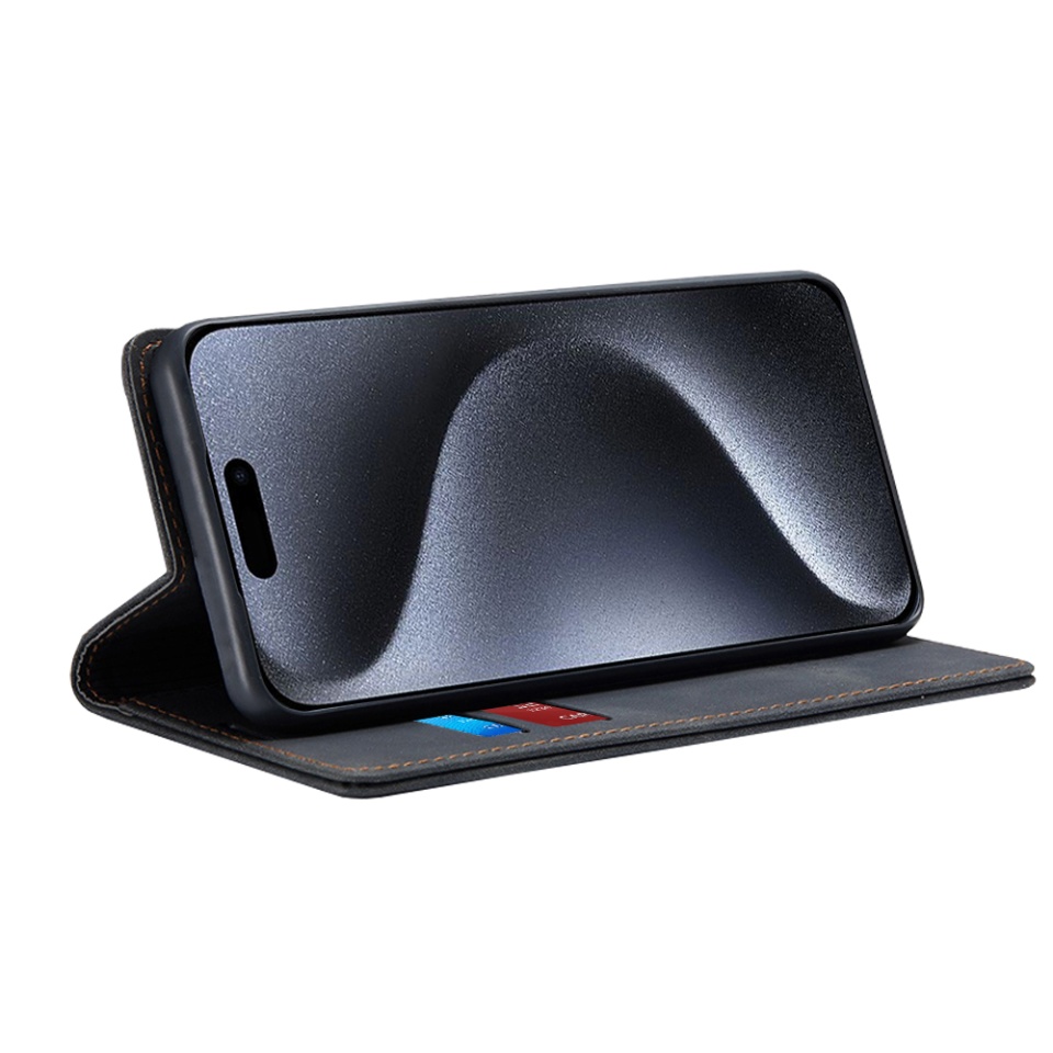 Husa pentru iPhone 15 Pro, SKYDDAR INNOVATION, Soft Wallet, tip Carte din piele Eco Premium, cu Portofel Interior, Negru, set cu sticker - 1 | YEO