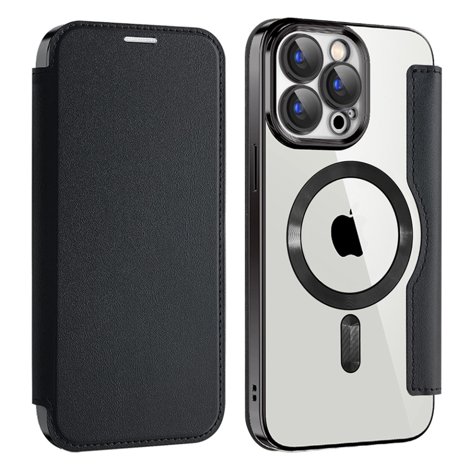 Husa pentru iPhone 15 Pro tip carte, SKYDDAR INOVATION, SmartMag Book, Magsafe, RFiD, Suport Carduri, set cu sticker, Negru - 1 | YEO