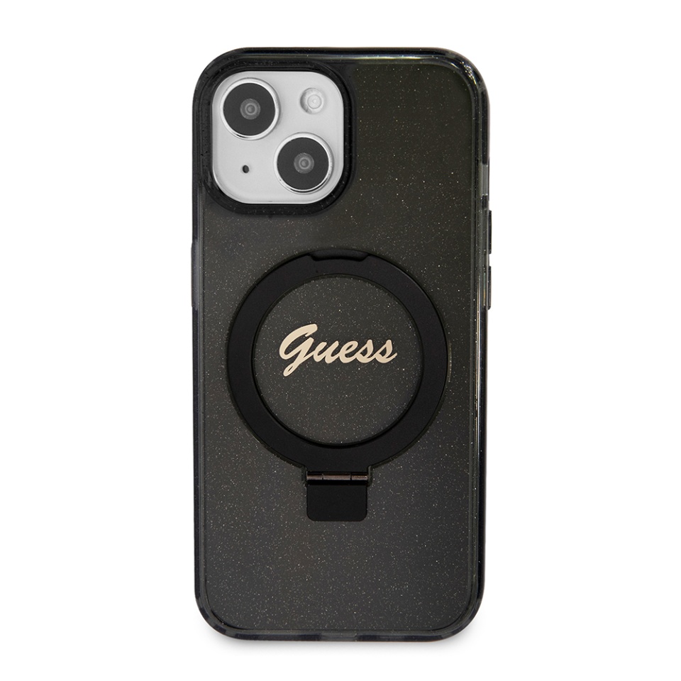 Husa pentru iPhone 15 Ring Stand Script Glitter, Guess - Negru - 2 | YEO