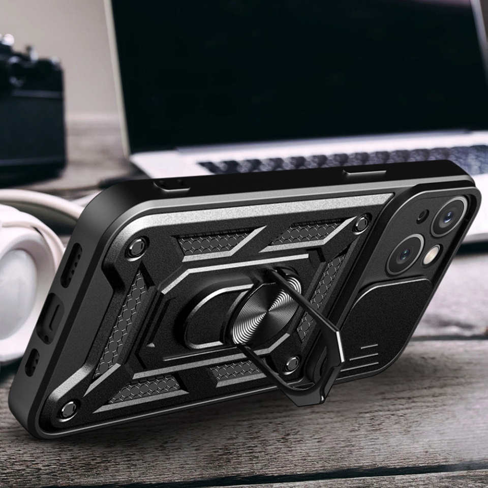 Husa pentru iPhone 15, SKYDDAR INNOVATION, CamShield, Albastru, set cu sticker - 3 | YEO