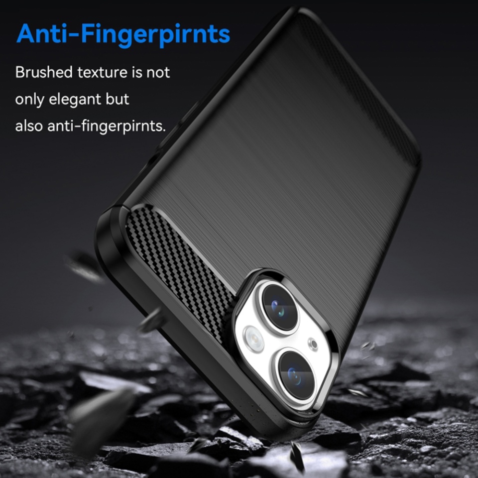 Husa pentru iPhone 15, SKYDDAR INNOVATION, Carbon Silicone, din Silicon Premium, Slim, cu textura Fibra Carbon, Negru, set cu sticker - 3 | YEO