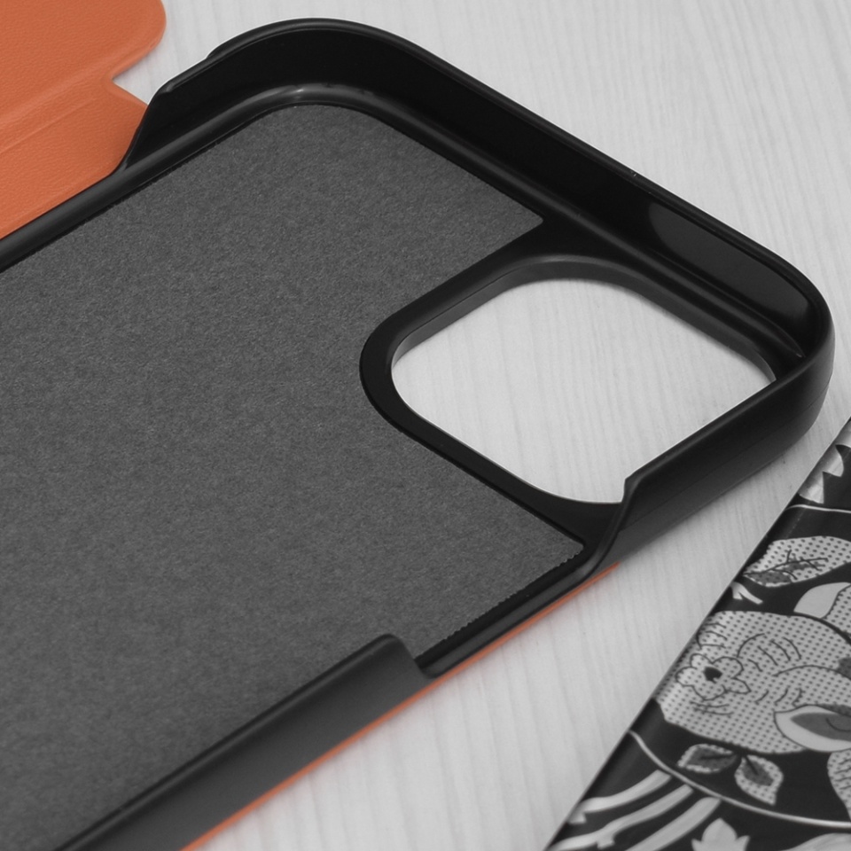 Husa pentru iPhone 15, SKYDDAR INNOVATION, eFold, tip carte, Portocaliu, set cu sticker - 2 | YEO