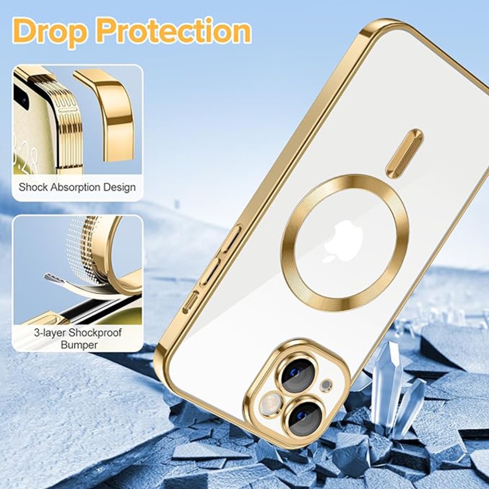 Husa pentru iPhone 15, SKYDDAR INNOVATION, Luxury Shield Magsafe, Protectie Antisoc, Auriu, set cu sticker - 2 | YEO
