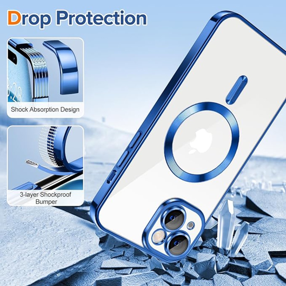 Husa pentru iPhone 15, SKYDDAR INNOVATION, Luxury Shield Magsafe, Protectie Antisoc, Albastru, set cu sticker - 2 | YEO