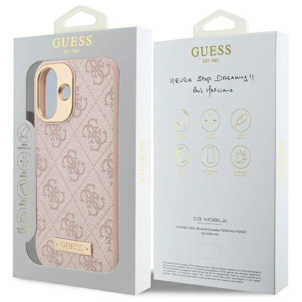 Husa pentru iPhone 16, Guess, Hardcase 4G Logo Plate MagSafe, Roz - 7