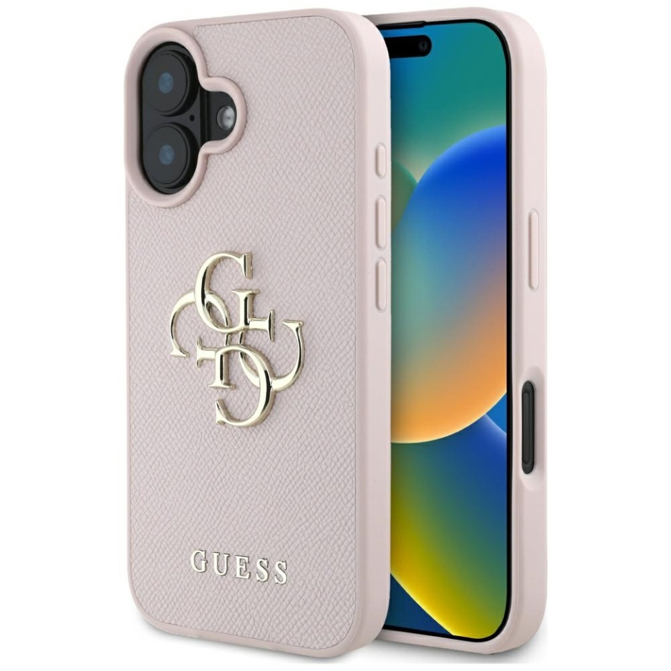 Husa pentru iPhone 16, Guess, Hardcase Grained Big 4G Logo Small Classic Logo, Protectie Slim, Roz