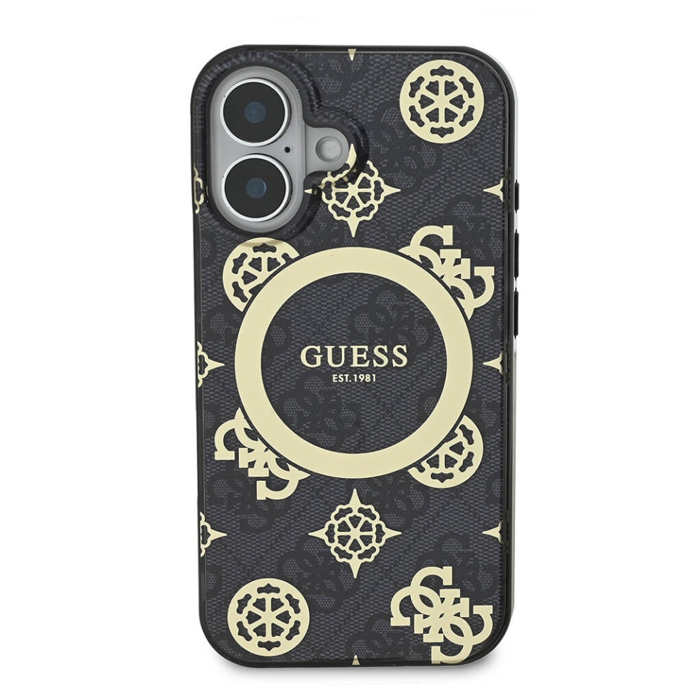 Husa pentru iPhone 16, Guess MagSafe Denim Pattern, Compatibila, Cadru Silicon, Logo Auriu, Design Slim, Negru - 2 | YEO