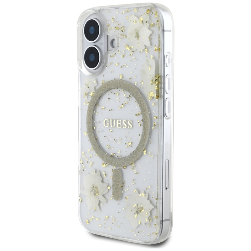 Husa pentru iPhone 16, Hardcase Resin Flowers and Glitter MagSafe, Guess - Bej - 3 | YEO