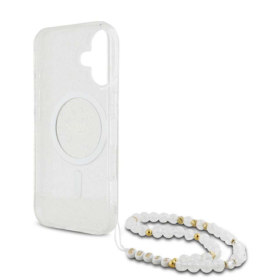 Husa pentru iPhone 16, IML Glitter with Pearl Strap MagSafe, Guess - Transparenta - 2 | YEO