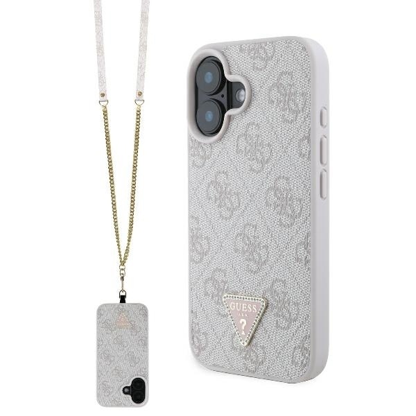 Husa pentru iPhone 16 Leather Metal Logo Strass Crossbody, Guess - Roz