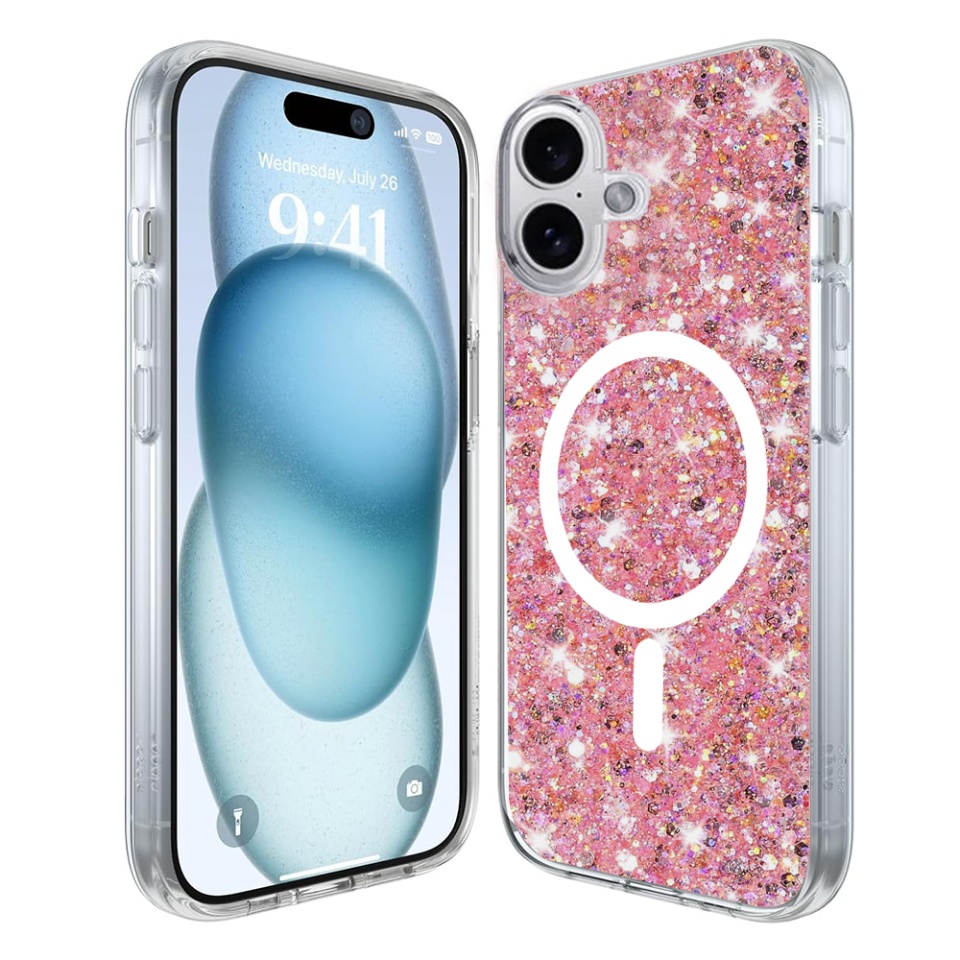 Husa pentru iPhone 16 Plus din Silicon cu Sclipici, Fundal Detasabil, Protectie Completa, SKDR SparkleCase - Roz