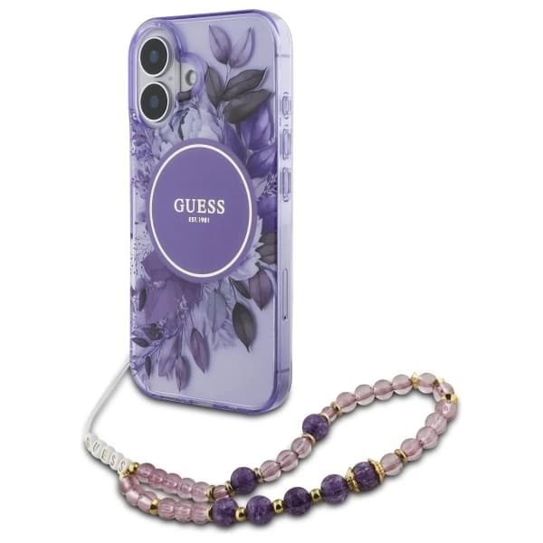 Husa pentru iPhone 16 Plus, IML Flowers with Pearl Strap MagSafe, Guess - Mov