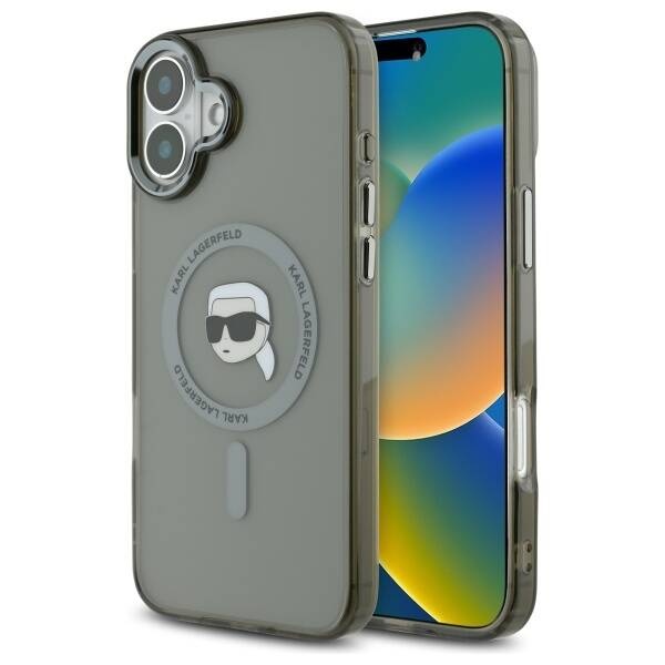 Husa pentru iPhone 16 Plus, IML Glitter K&C Heads Logo MagSafe, Clear Mono Karl&Choupette