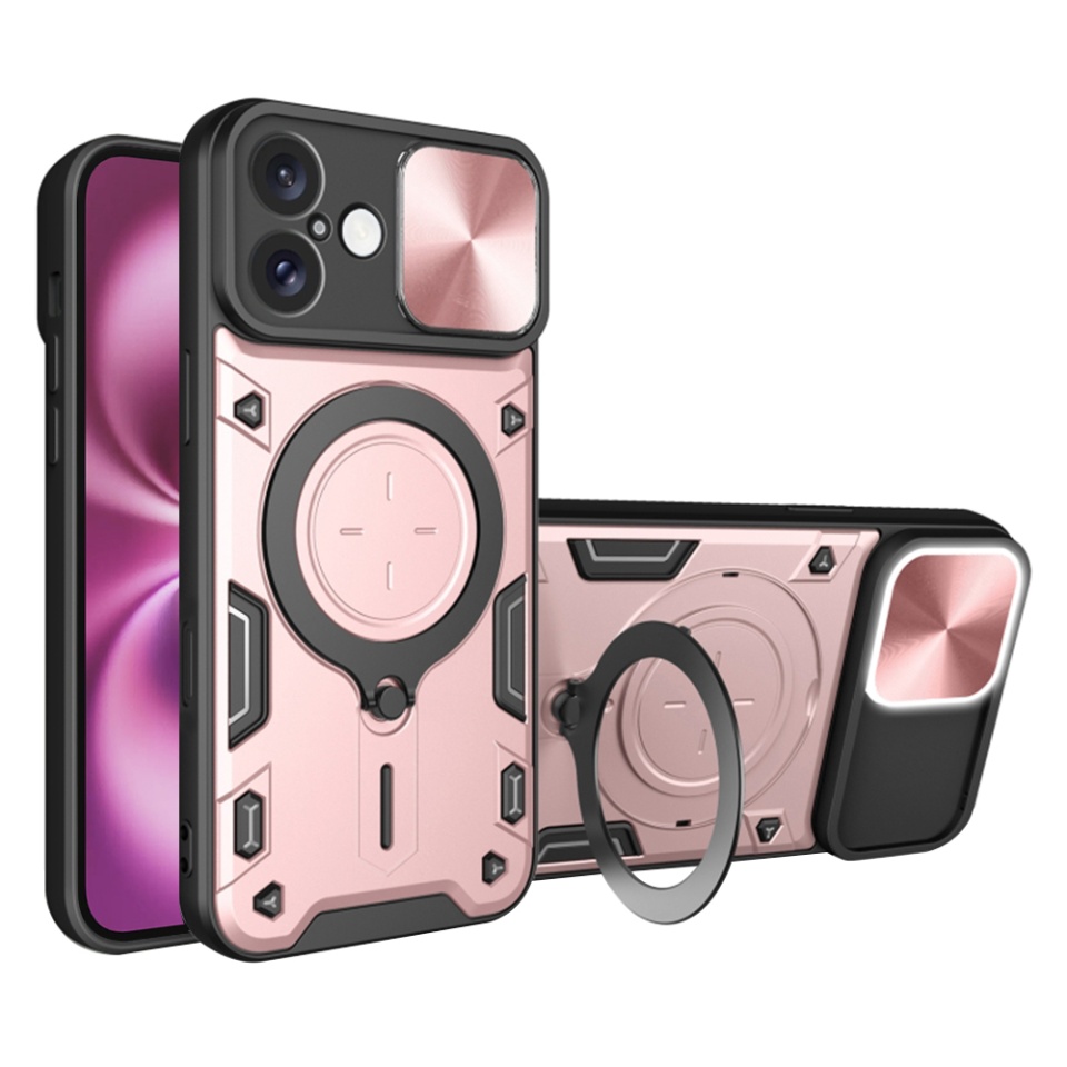 Husa pentru iPhone 16 Plus, SKYDDAR INNOVATION, CamGuard Pro, Inel Magnetic, Protectie Camera, Roz auriu, set cu sticker
