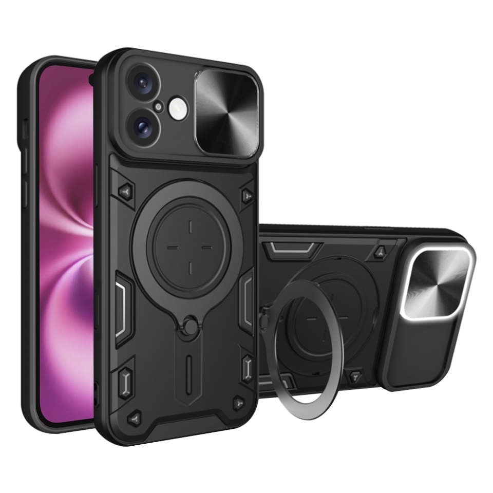 Husa pentru iPhone 16 Plus, SKYDDAR INNOVATION, CamGuard Pro, Inel Magnetic, Protectie Camera, Negru, set cu sticker