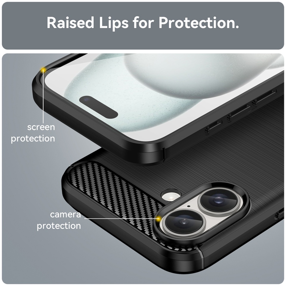 Husa pentru iPhone 16 Plus, SKYDDAR INNOVATION, Carbon Silicone, din Silicon Premium, Slim, cu textura Fibra Carbon, Negru, set cu sticker - 2 | YEO
