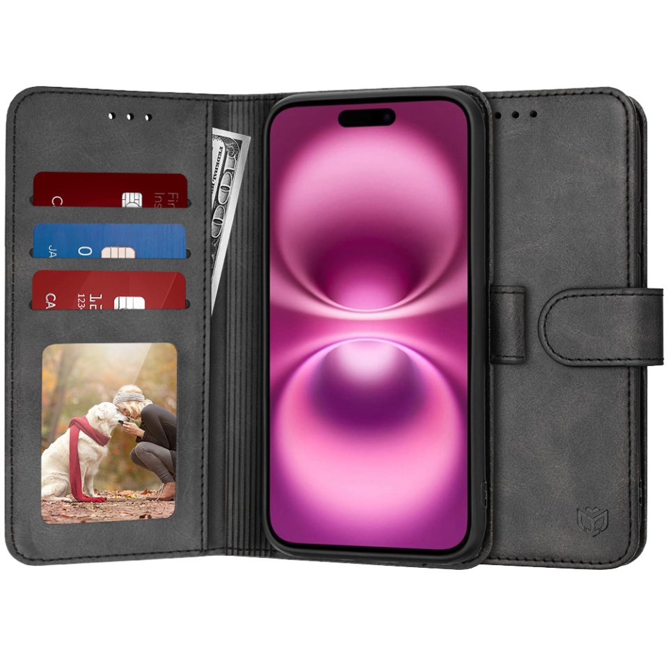 Husa pentru iPhone 16 Plus, SKYDDAR INNOVATION, Diary Book, tip carte, cu Portofel Interior, Antisoc, Negru, set cu sticker
